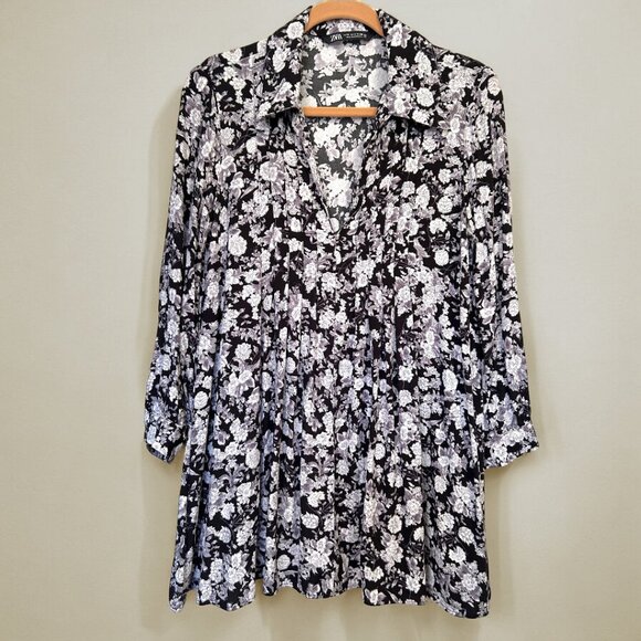 Zara black floral print open collar mini dress - Picture 1 of 12